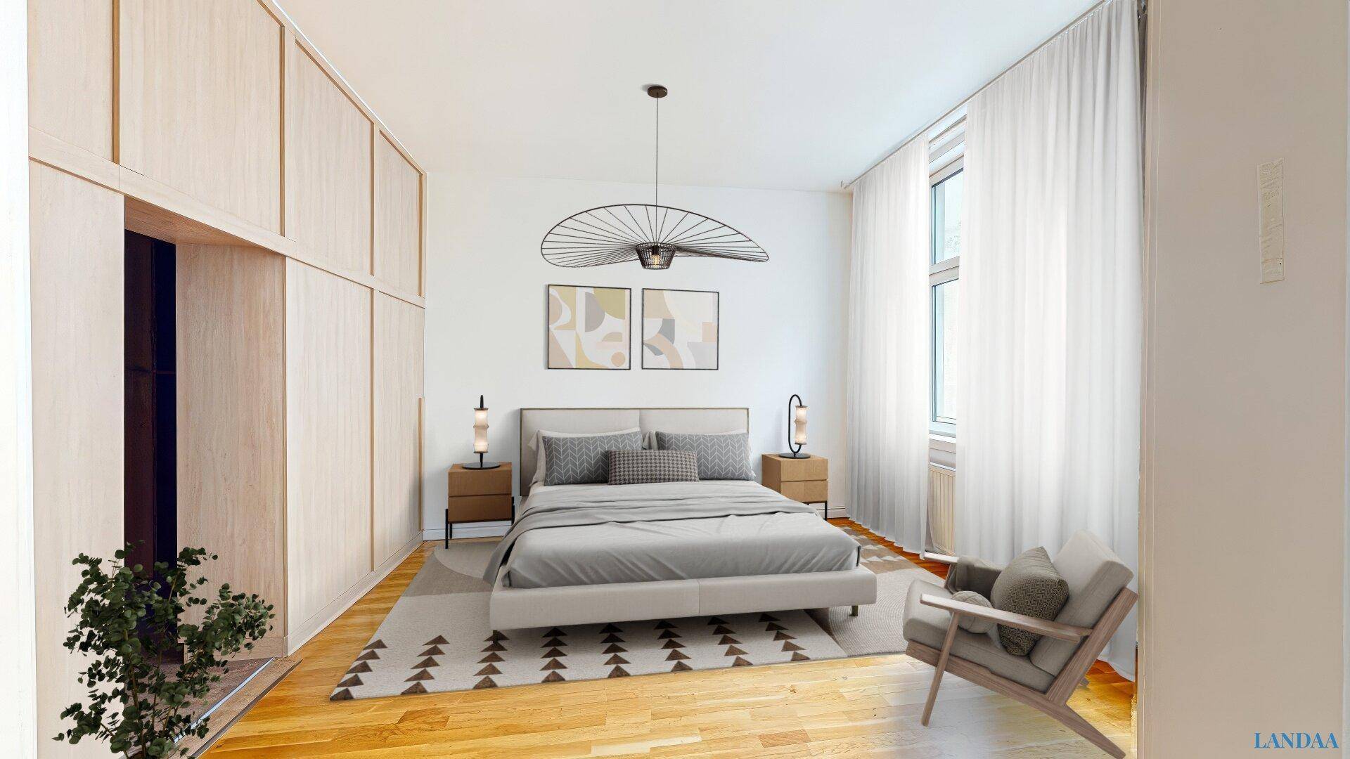 Modernes Schlafzimmer mit Holzboden, großem Fenster und integrierten Schränken.
