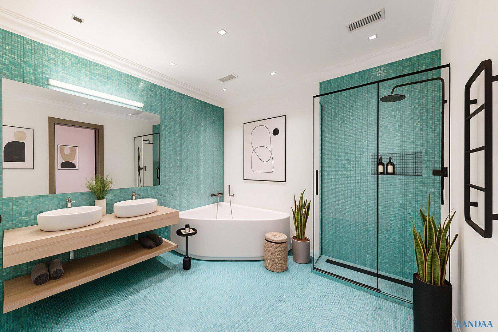 Modernes Badezimmer mit türkisfarbenen Mosaikfliesen, Doppelwaschbecken und Badewanne.