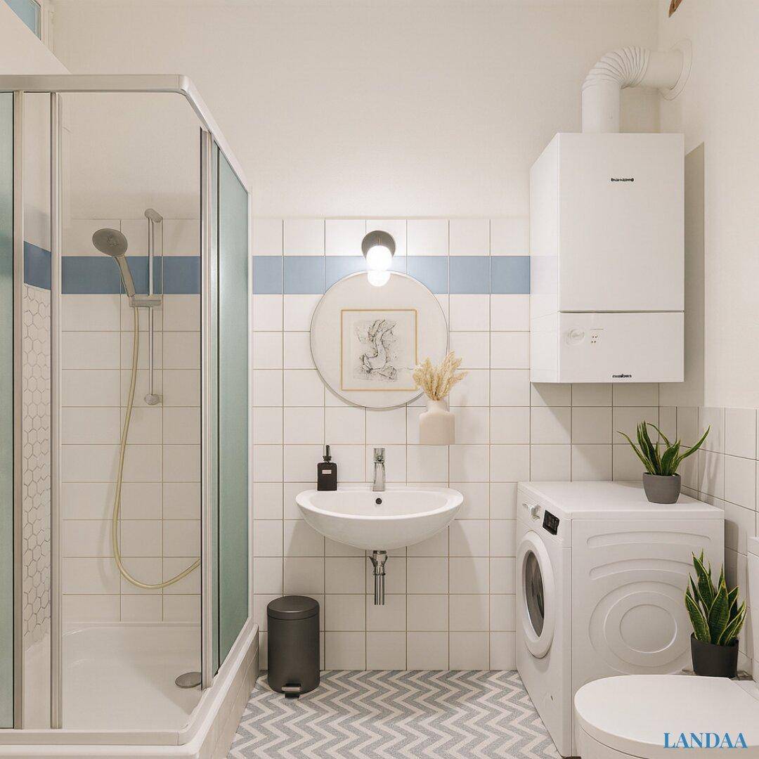 Modernes Badezimmer mit Duschkabine, Waschbecken, Toilette und Waschmaschine, hell gefliest.