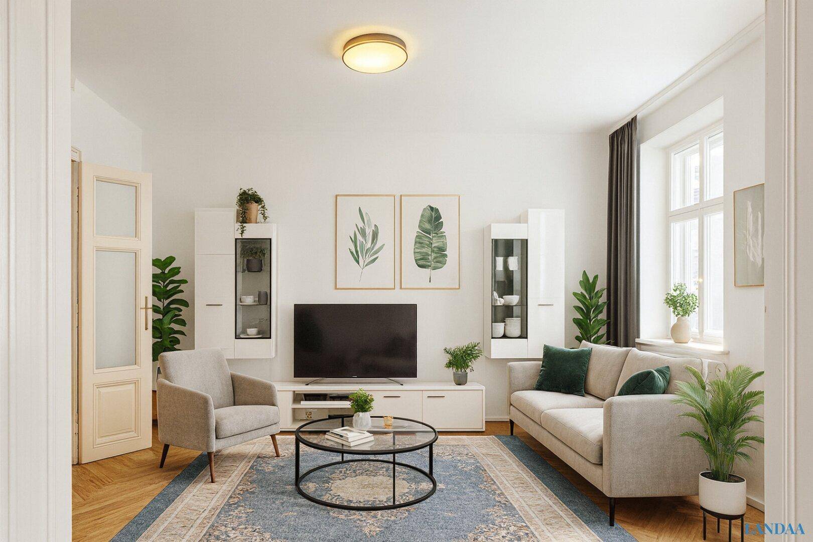Helles Wohnzimmer mit beigem Sofa, Sessel, TV-Möbel und einem gemusterten Teppich auf Parkett.