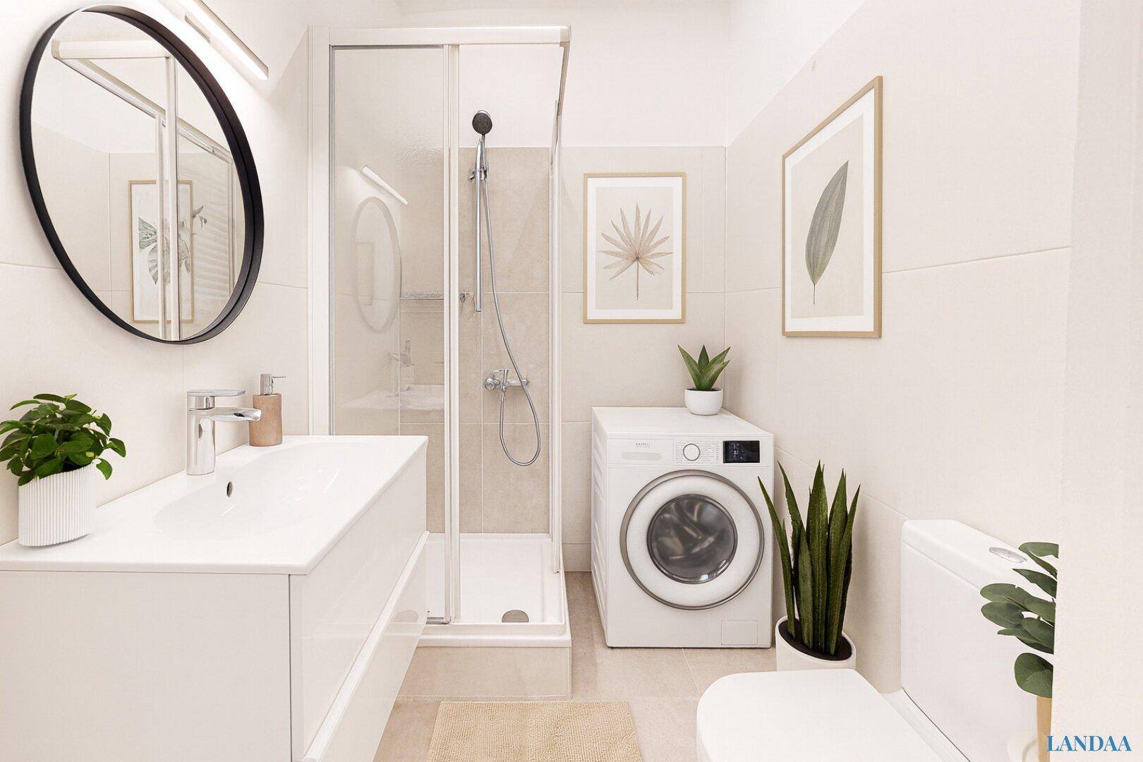 Modernes Badezimmer mit Duschkabine, Waschbecken, Toilette und integrierter Waschmaschine.