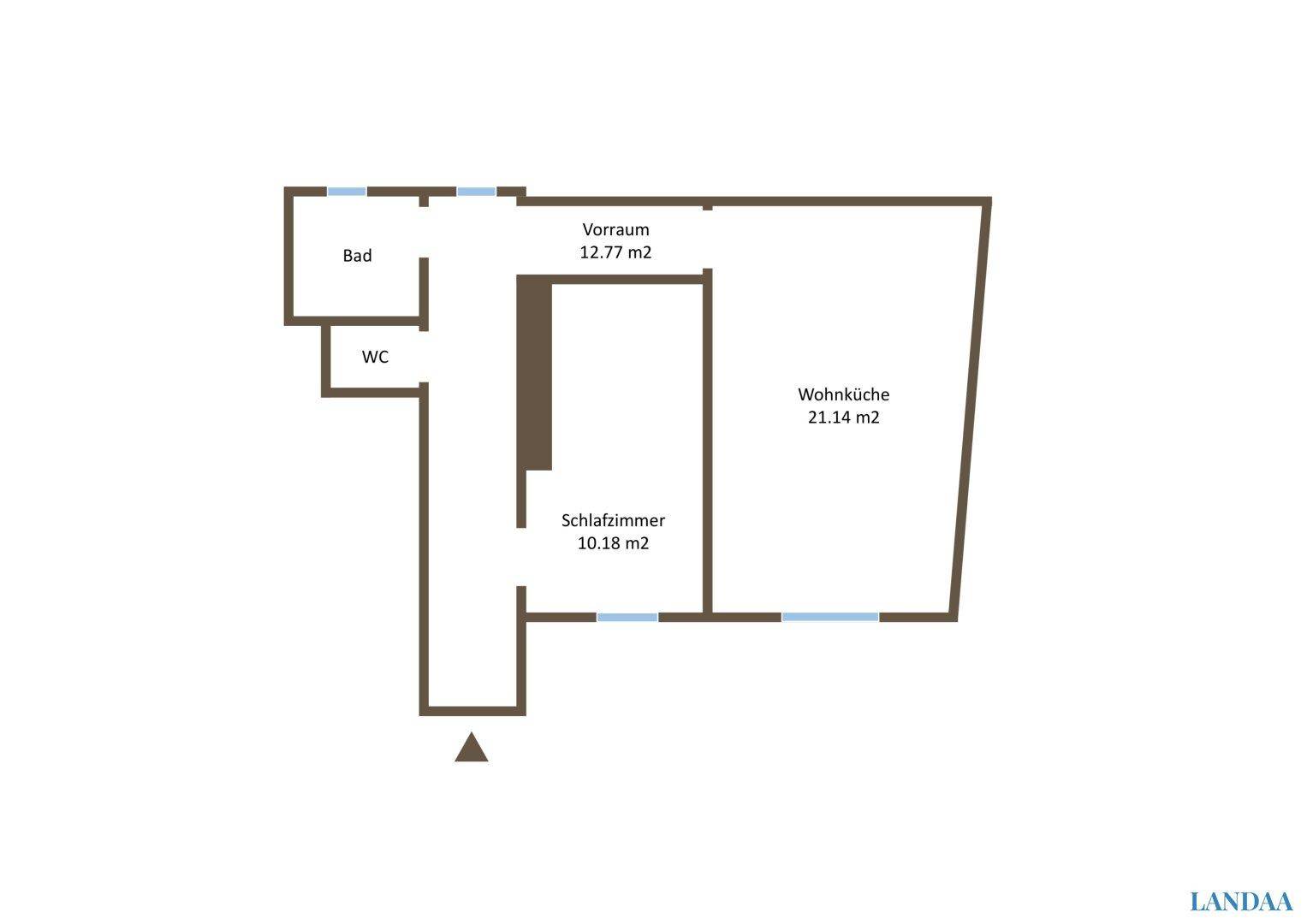 Grundriss zeigt die Aufteilung der Wohnung mit Wohnküche, Schlafzimmer und Bad.