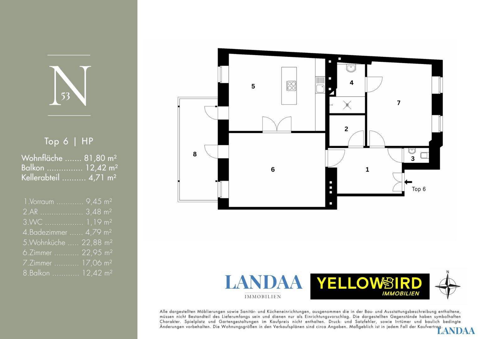 Grundriss der Wohnung Top 6 mit 81,80 m² Wohnfläche und Balkon.