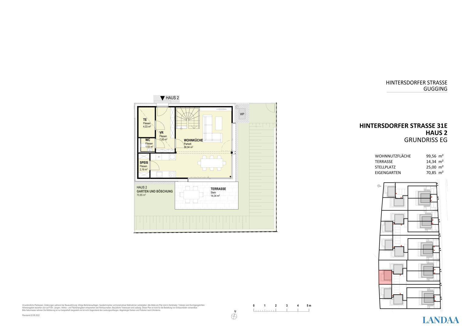 Grundriss des Erdgeschosses von Haus 2 mit offenem Wohn-Kochbereich und Terrasse.