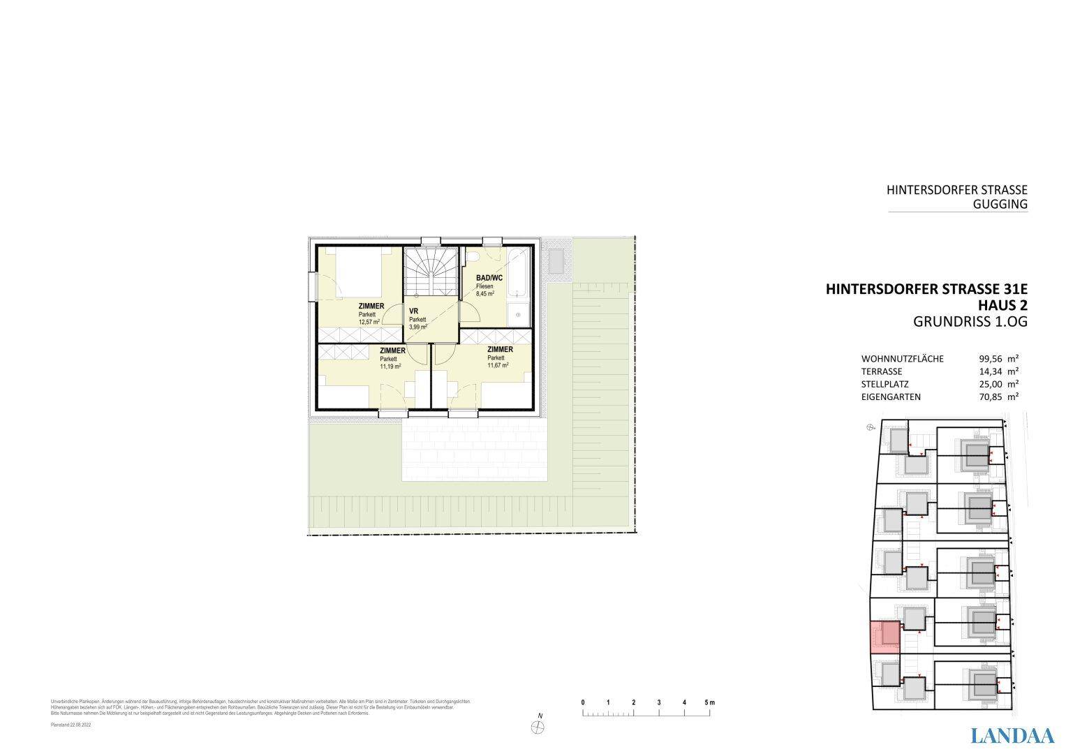 Grundriss des ersten Obergeschosses von Haus 2 mit drei Schlafzimmern und Bad/WC.