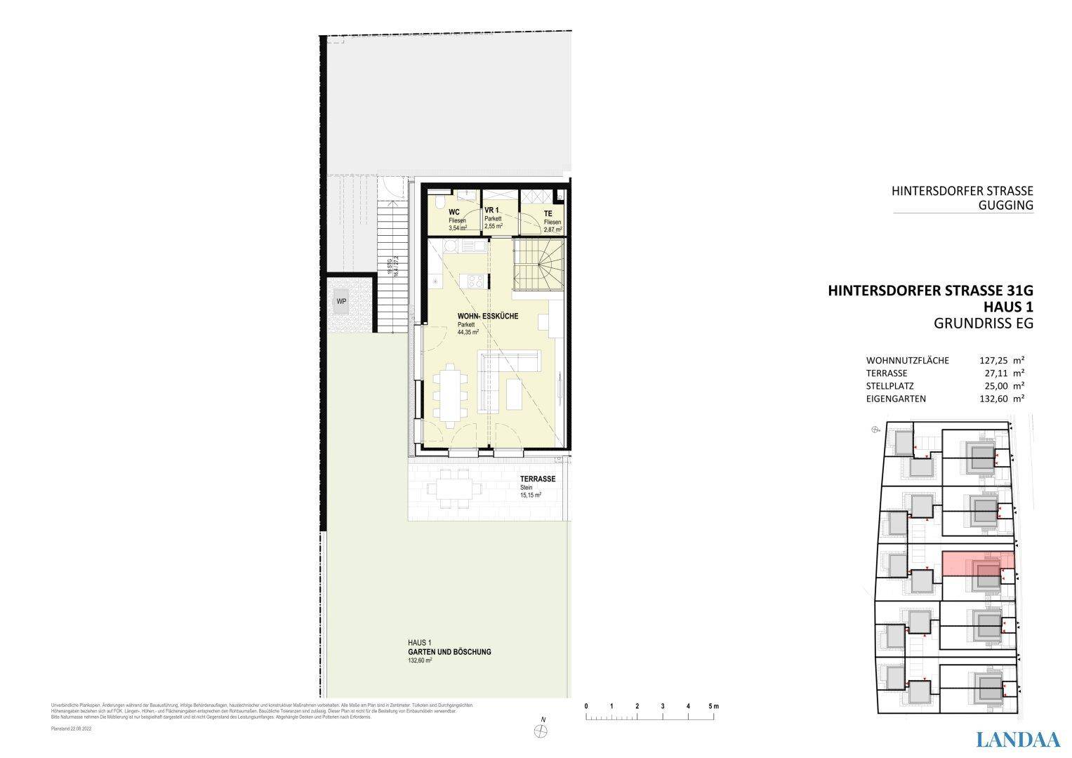Grundriss des Erdgeschosses von Haus 1 mit offenem Wohn-Essbereich und Terrasse.