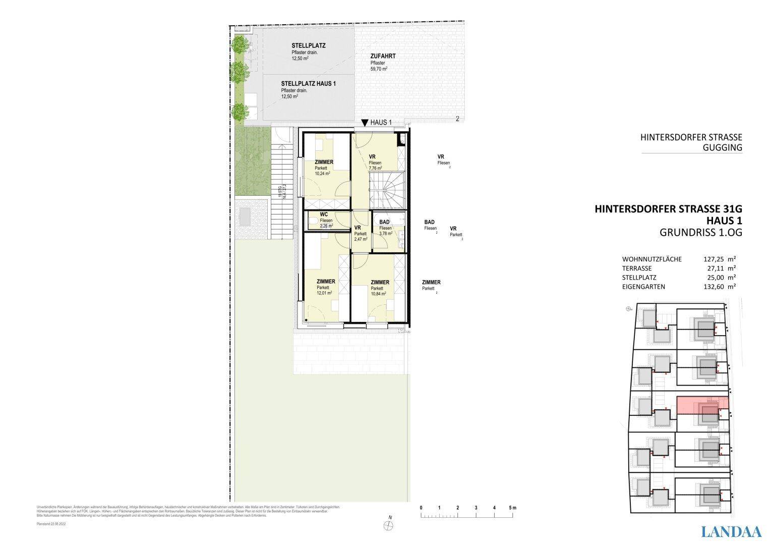Grundriss des ersten Obergeschosses von Haus 1 mit Schlafzimmern und Badezimmer.