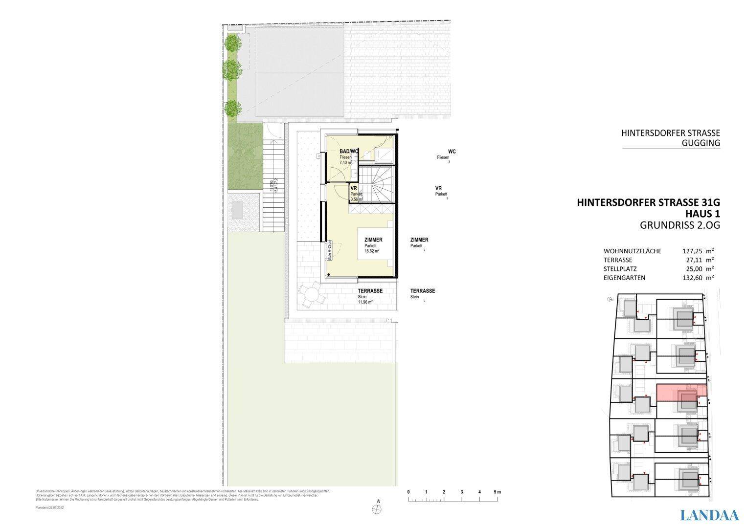 Grundriss des zweiten Obergeschosses von Haus 1 mit einem Zimmer und Terrasse.