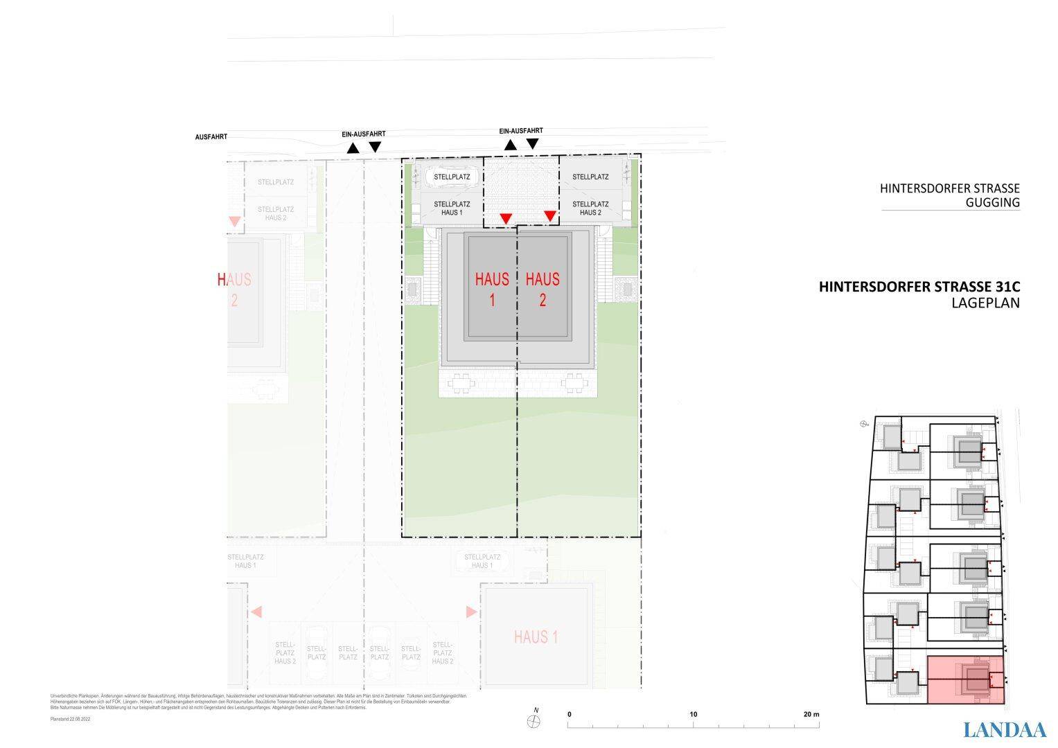 Lageplan der Wohnsiedlung mit eingezeichneten Häusern und Stellplätzen.