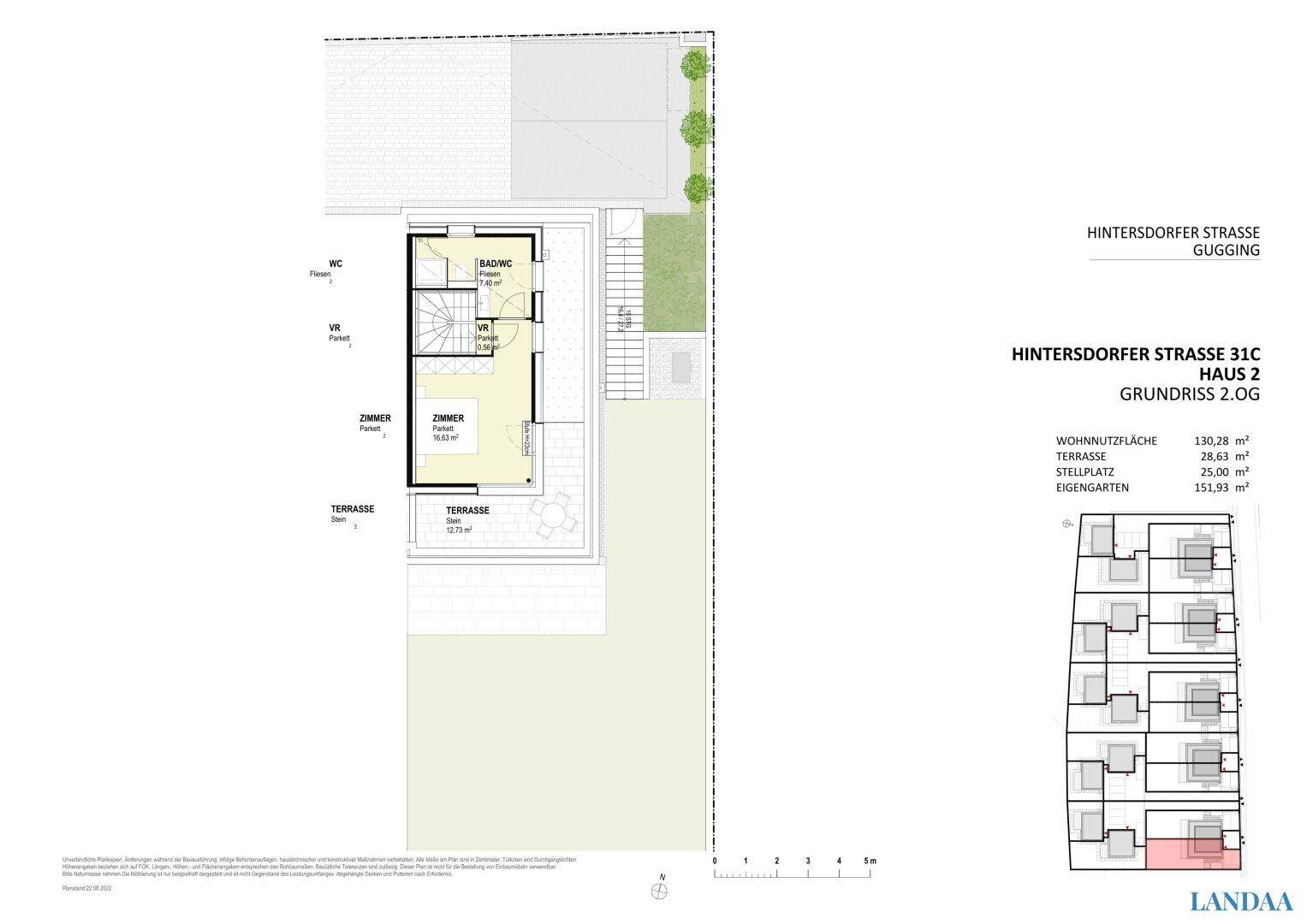 Grundriss des zweiten Obergeschosses von Haus 2 mit Zimmer und großer Terrasse.
