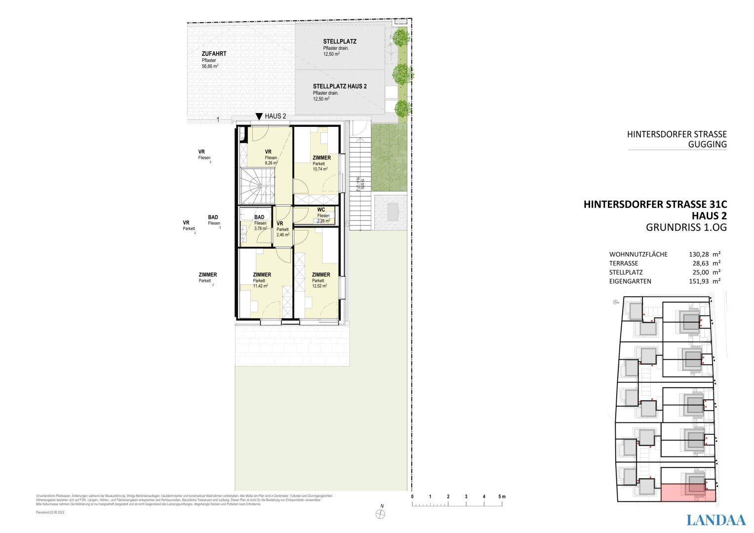 Grundriss des ersten Obergeschosses von Haus 2 mit Schlafzimmern und Badezimmer.
