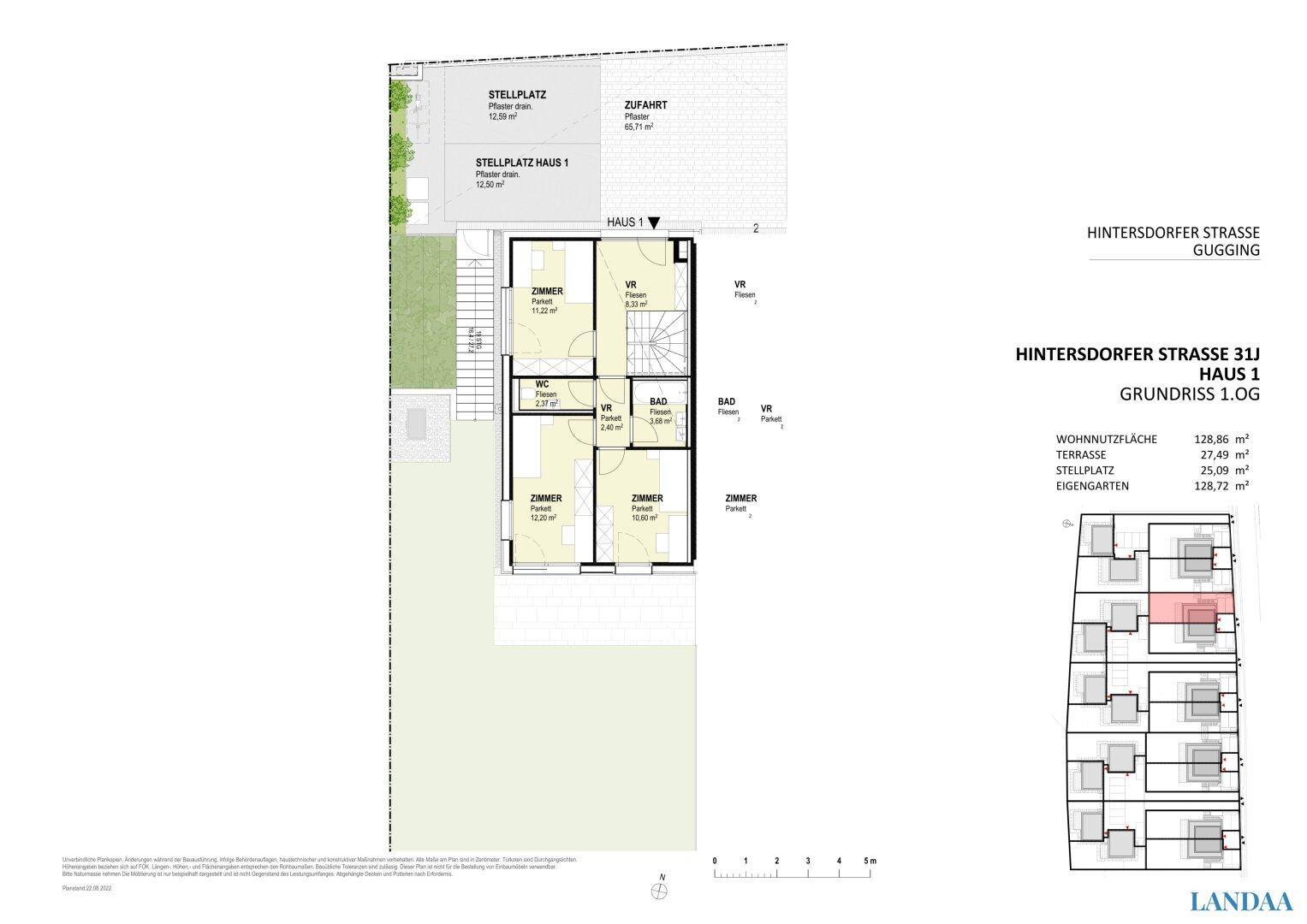 Grundriss des ersten Obergeschosses von Haus 1 mit Schlafzimmern, Bad und separatem WC.