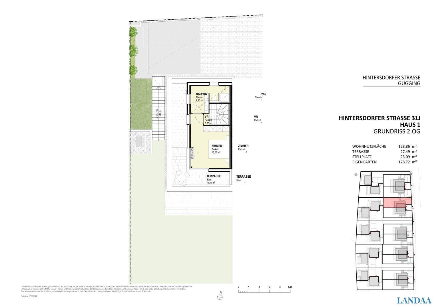 Grundriss des zweiten Obergeschosses von Haus 1 mit Zimmer, Bad und Dachterrasse.