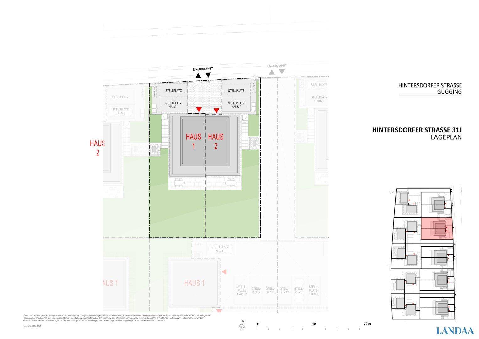 Lageplan der Wohnsiedlung mit zwei Häusern und zugehörigen Stellplätzen.