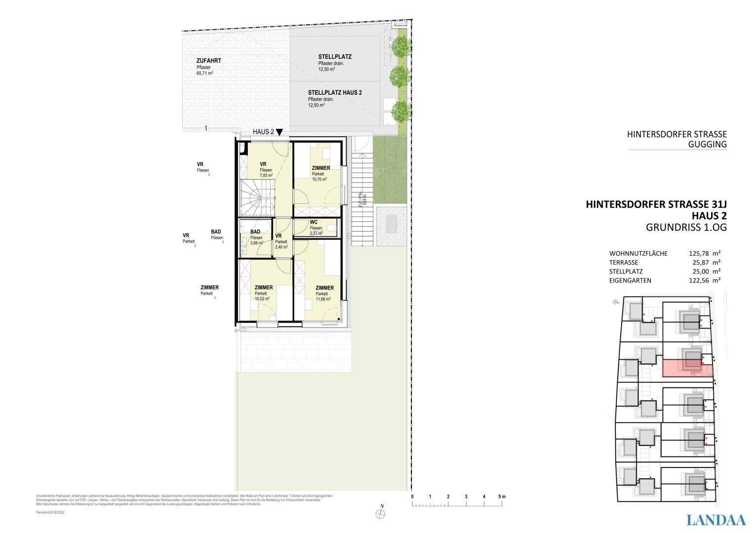 Grundriss des ersten Obergeschosses von Haus 2 mit Schlafzimmern und Bad.
