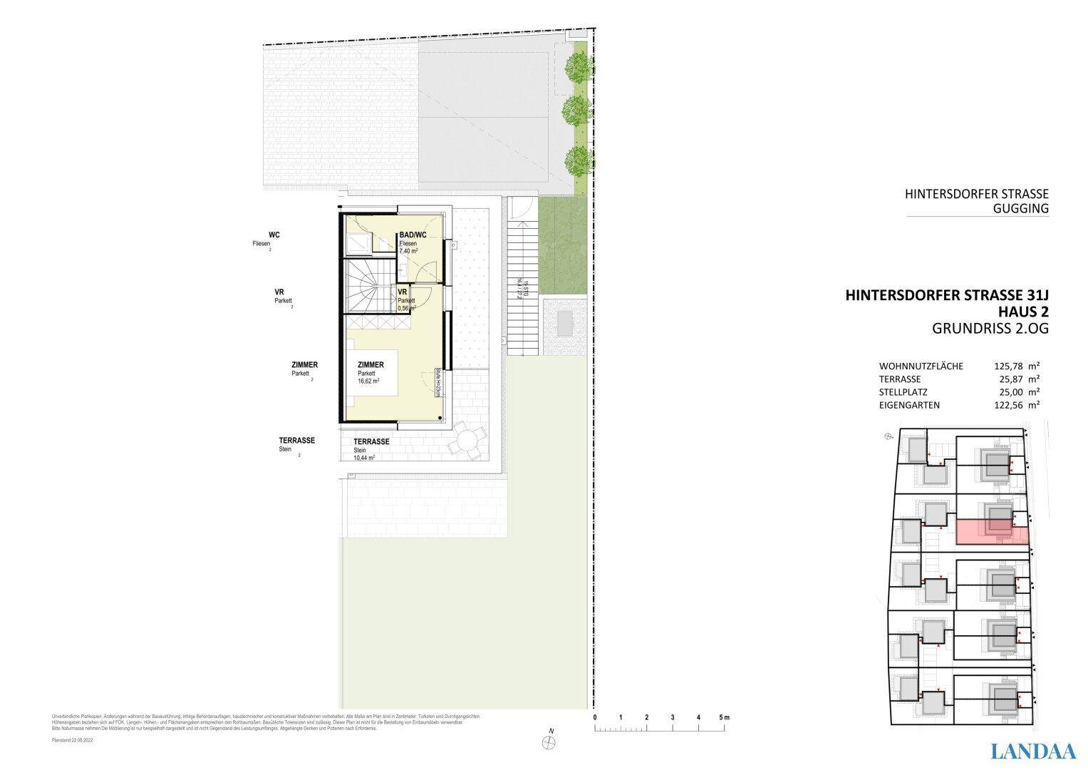 Grundriss des zweiten Obergeschosses von Haus 2 mit Zimmer und Terrasse.