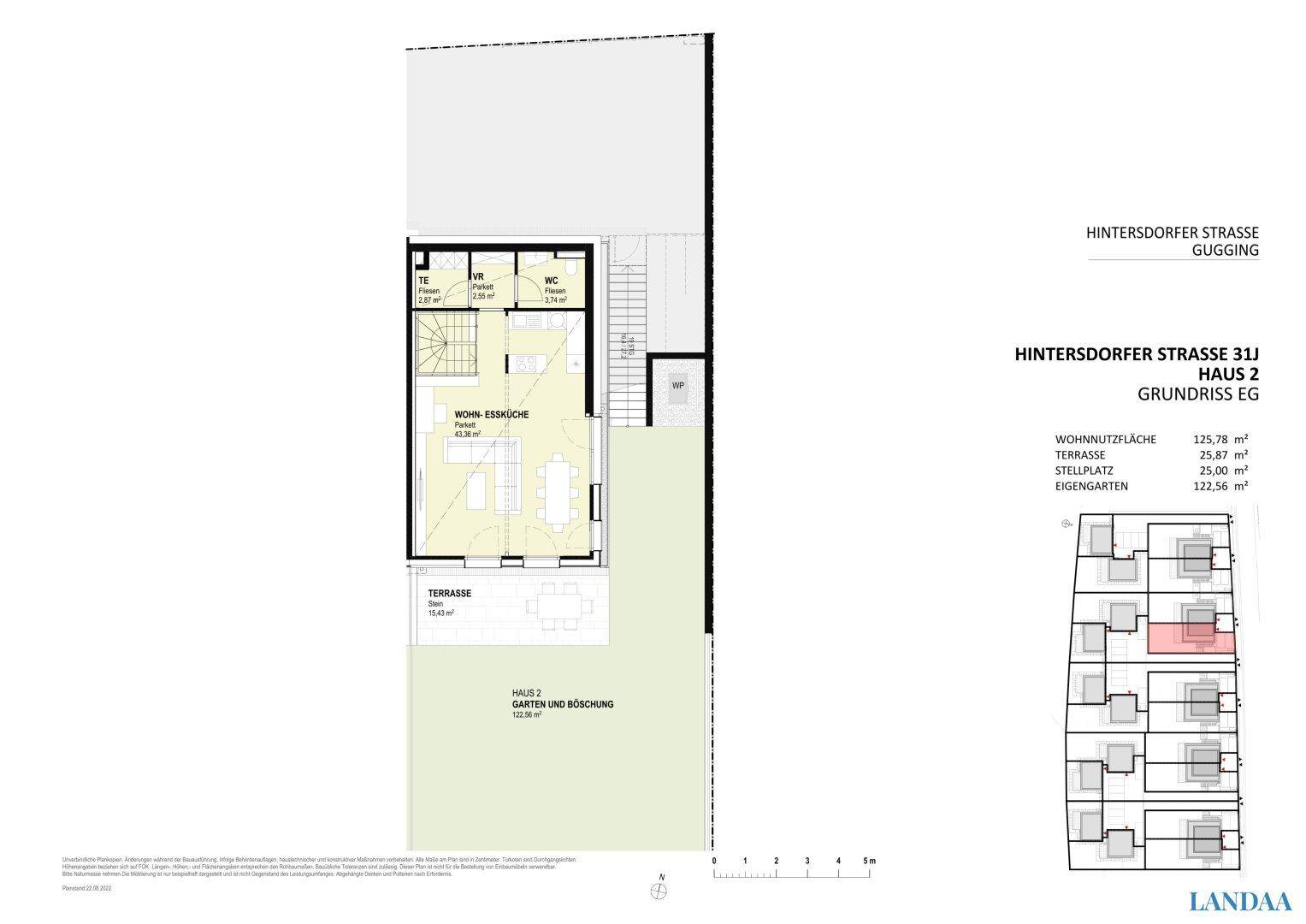 Grundriss des Erdgeschosses von Haus 2 mit Wohn-Essküche, Terrasse und Garten.