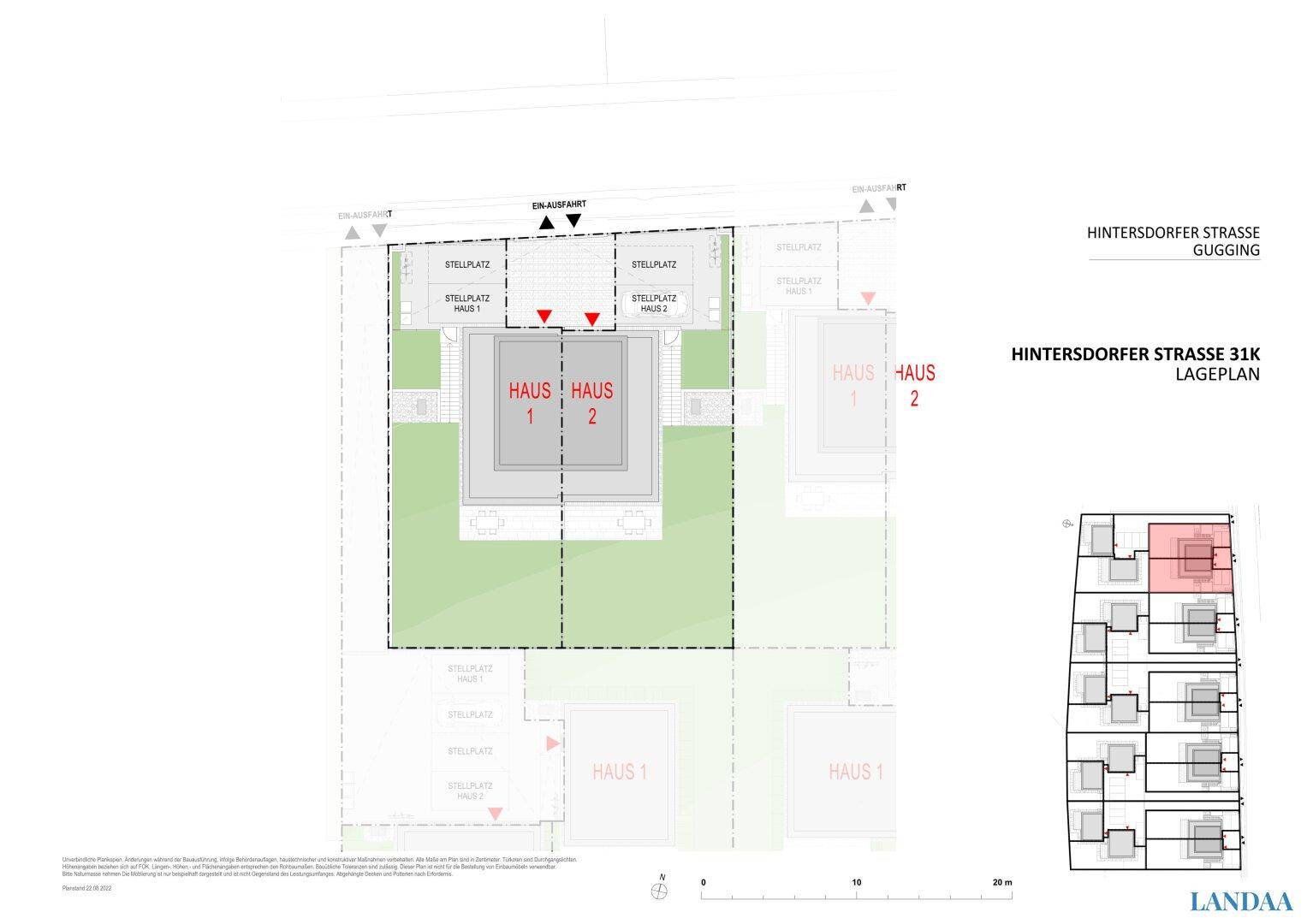 Lageplan der Häuser 1 und 2 mit Stellplätzen und Zufahrt.