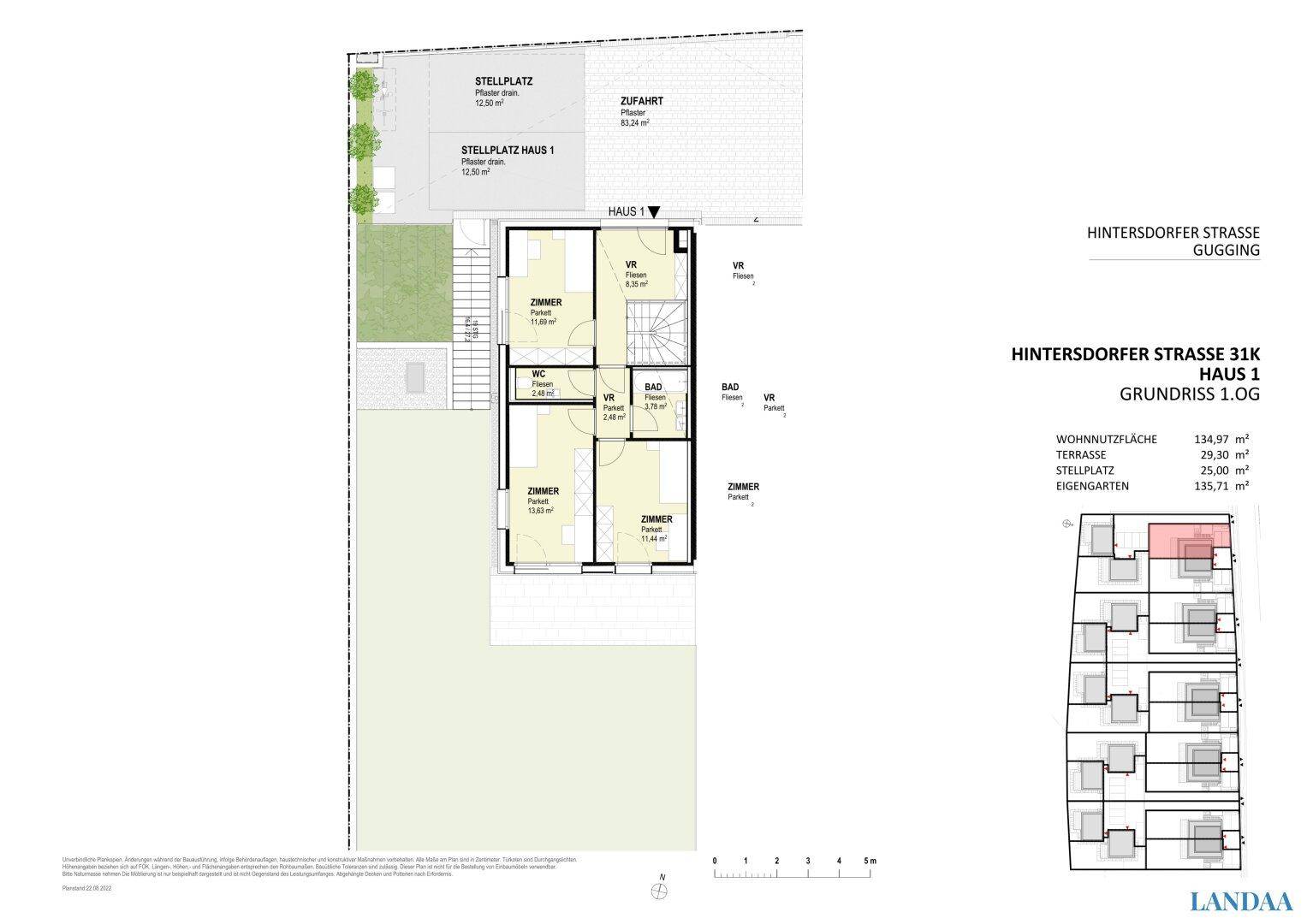 Grundriss des ersten Obergeschosses von Haus 1 mit Schlafzimmern und Badezimmer.