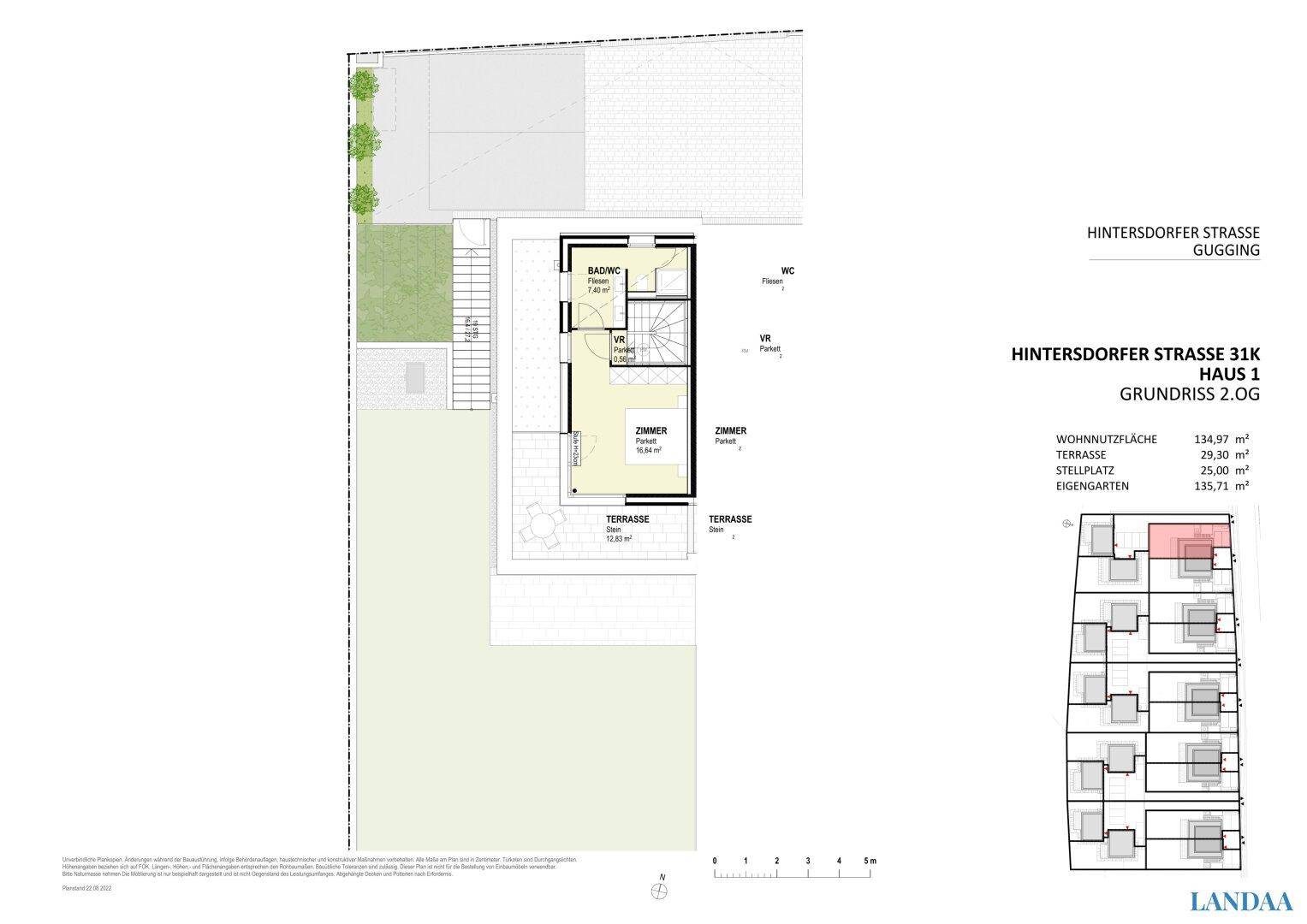 Grundriss des zweiten Obergeschosses von Haus 1 mit Zimmer, Bad und Terrasse.