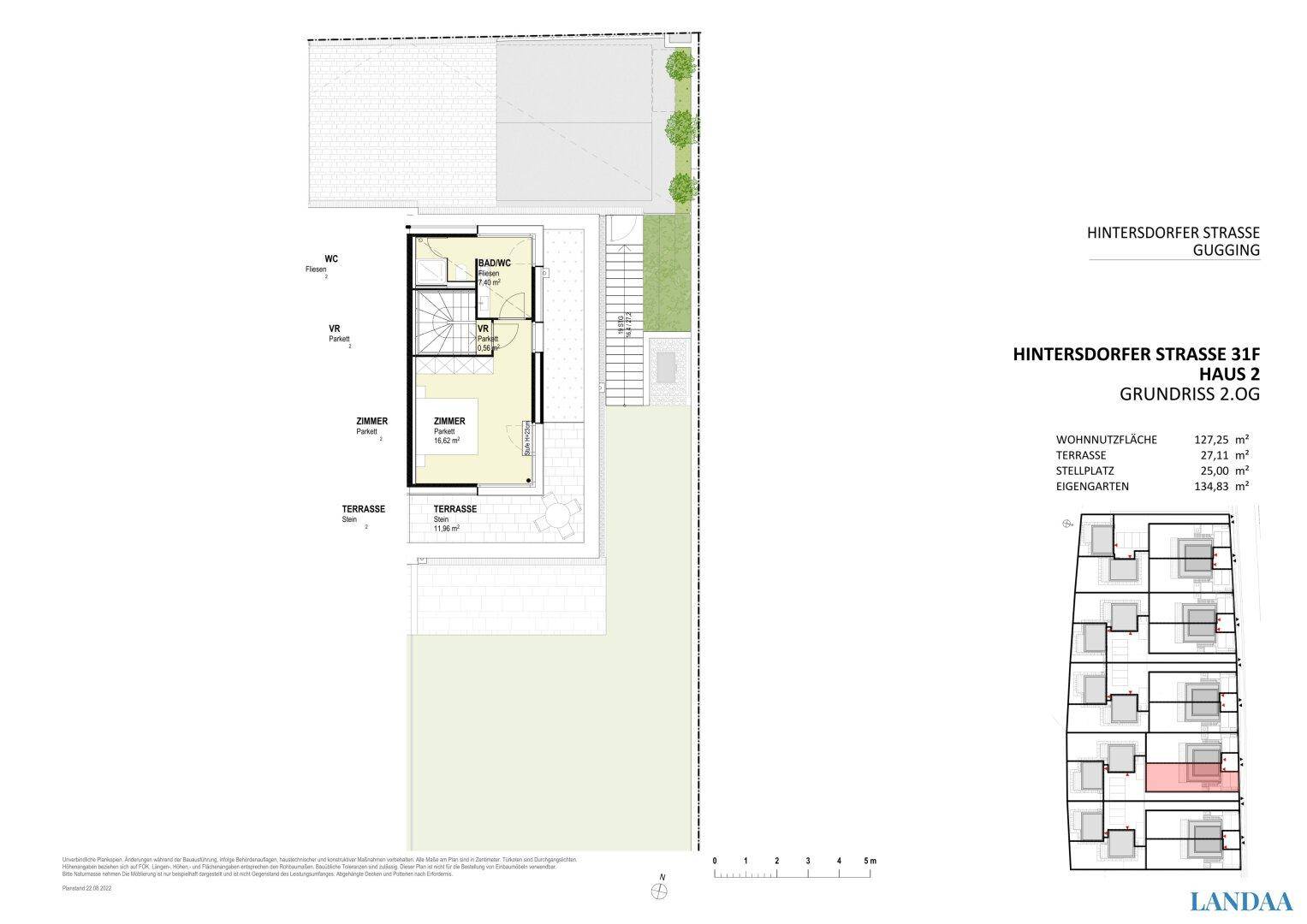 Grundriss des zweiten Obergeschosses von Haus 2 mit Zimmer, Bad und großer Terrasse.