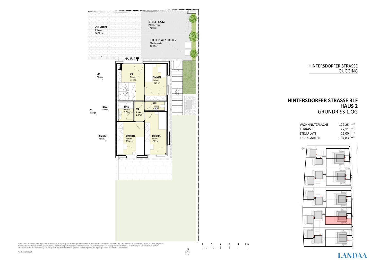 Grundriss des ersten Obergeschosses von Haus 2 mit Schlafzimmern, Bad und separatem WC.