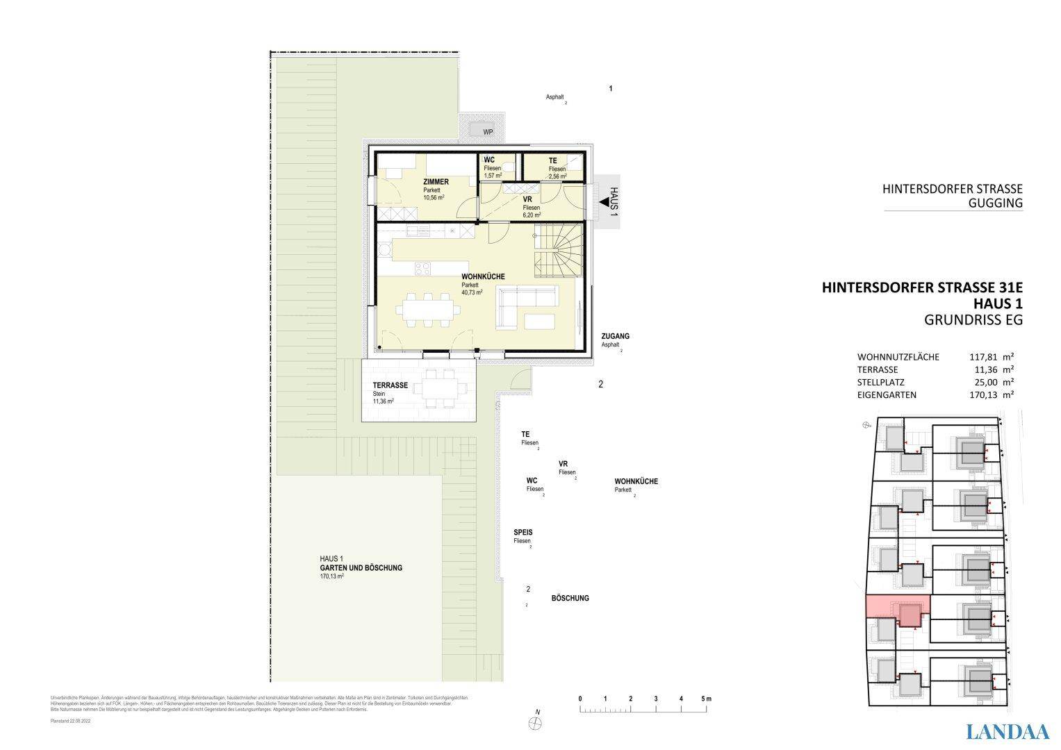 Grundriss des Erdgeschosses von Haus 1 mit offenem Wohnbereich, Terrasse und Garten.