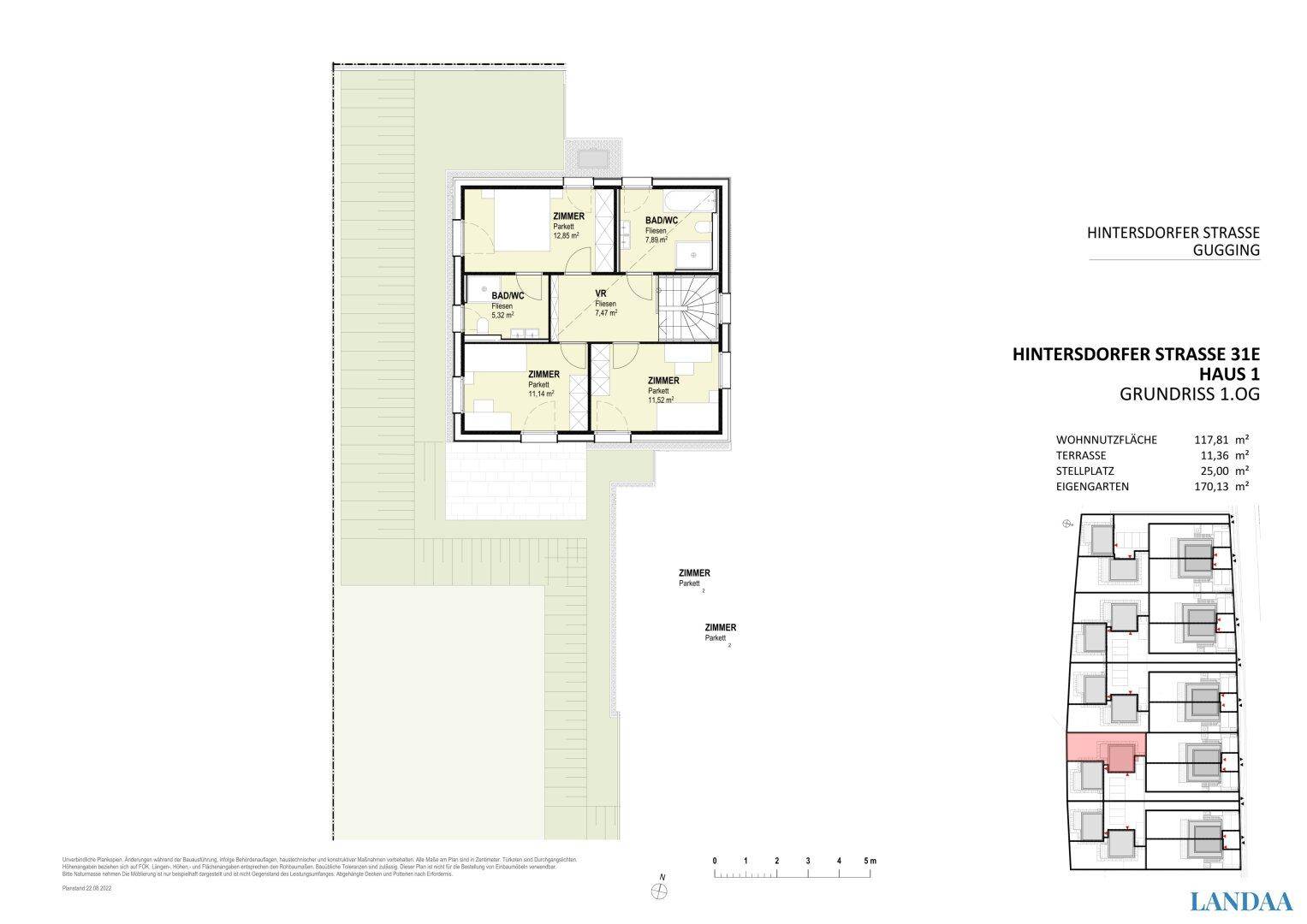 Grundriss des Obergeschosses von Haus 1 mit mehreren Zimmern und zwei Bädern.