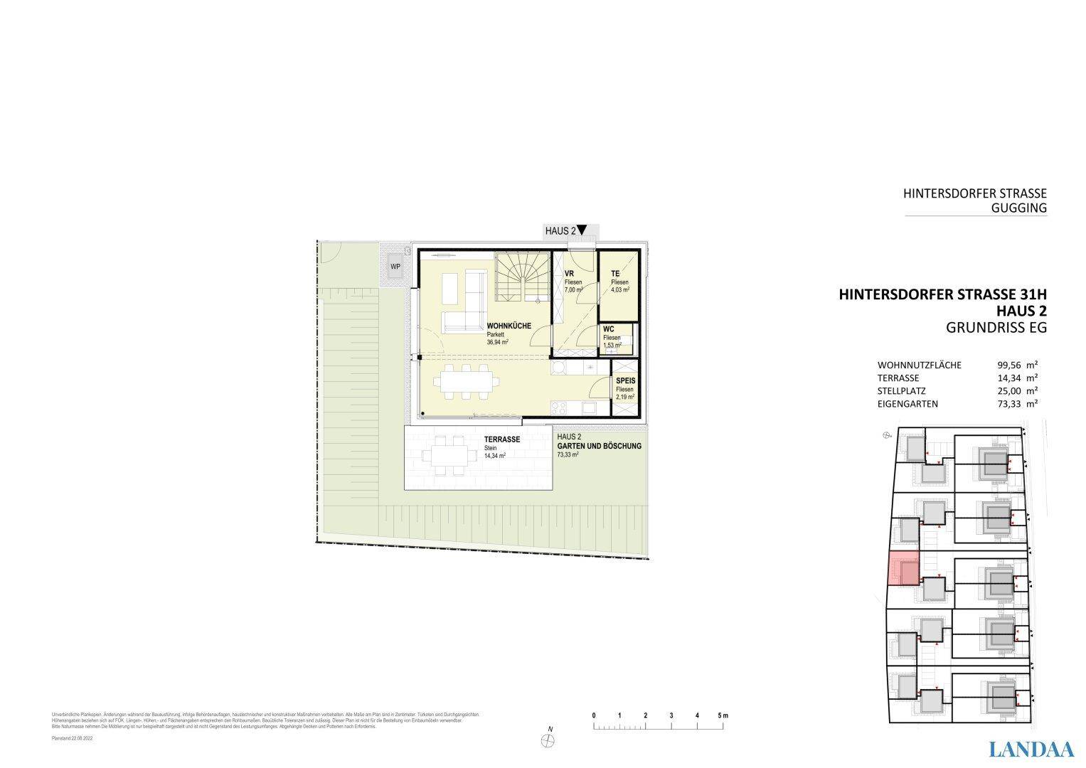 Grundriss des Erdgeschosses von Haus 2 mit Wohnküche, Terrasse und eigenem Garten.