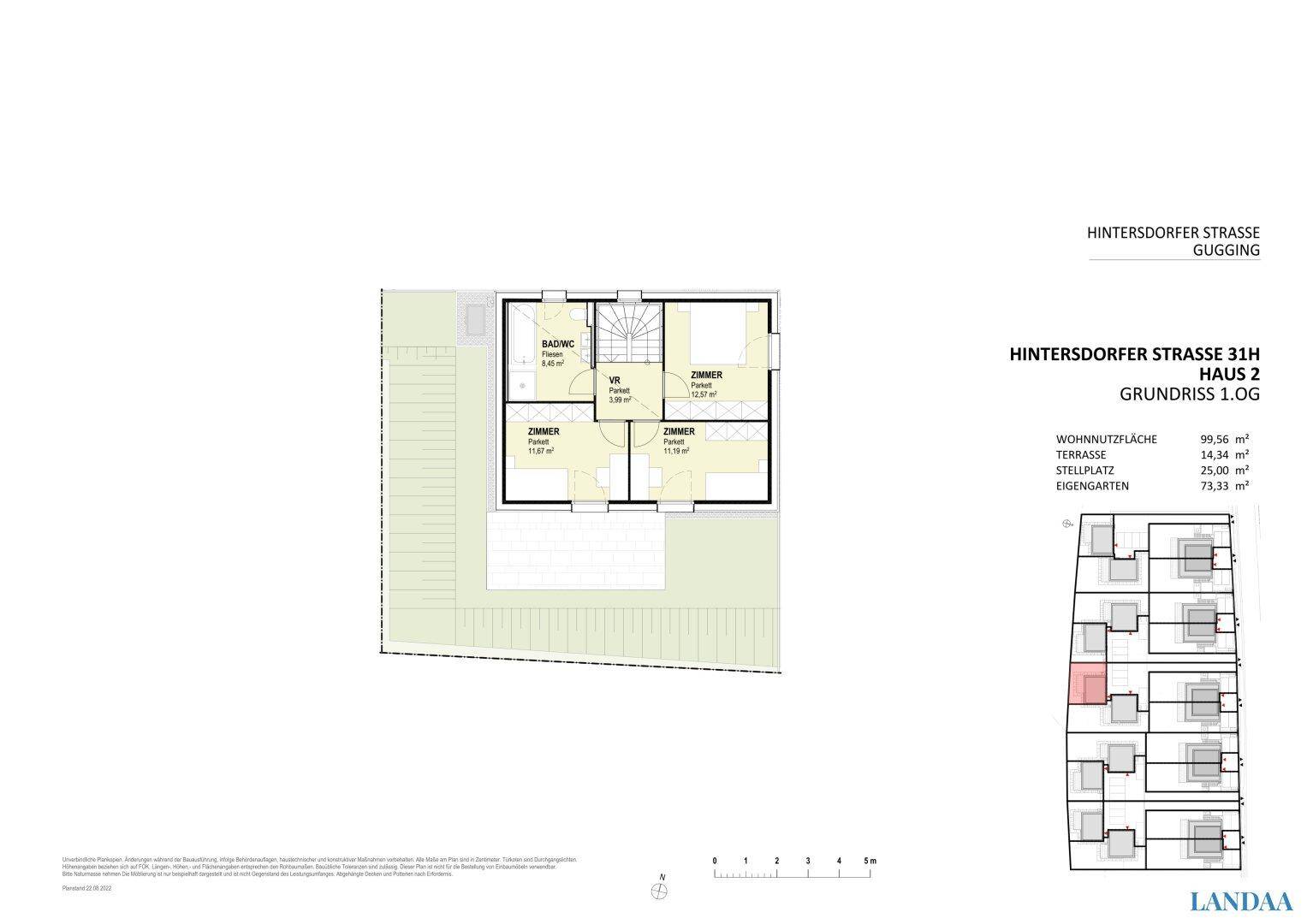 Grundriss des Obergeschosses von Haus 2 mit drei Zimmern und einem Badezimmer.