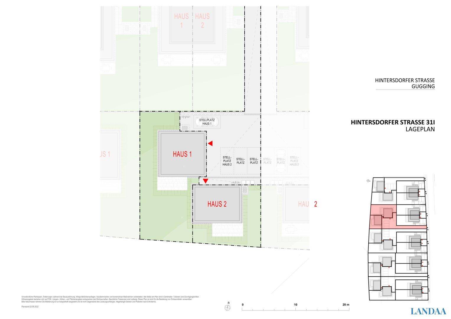Lageplan der Häuser 1 und 2 mit Stellplätzen und Grundstücksgrenzen der modernen Siedlung.