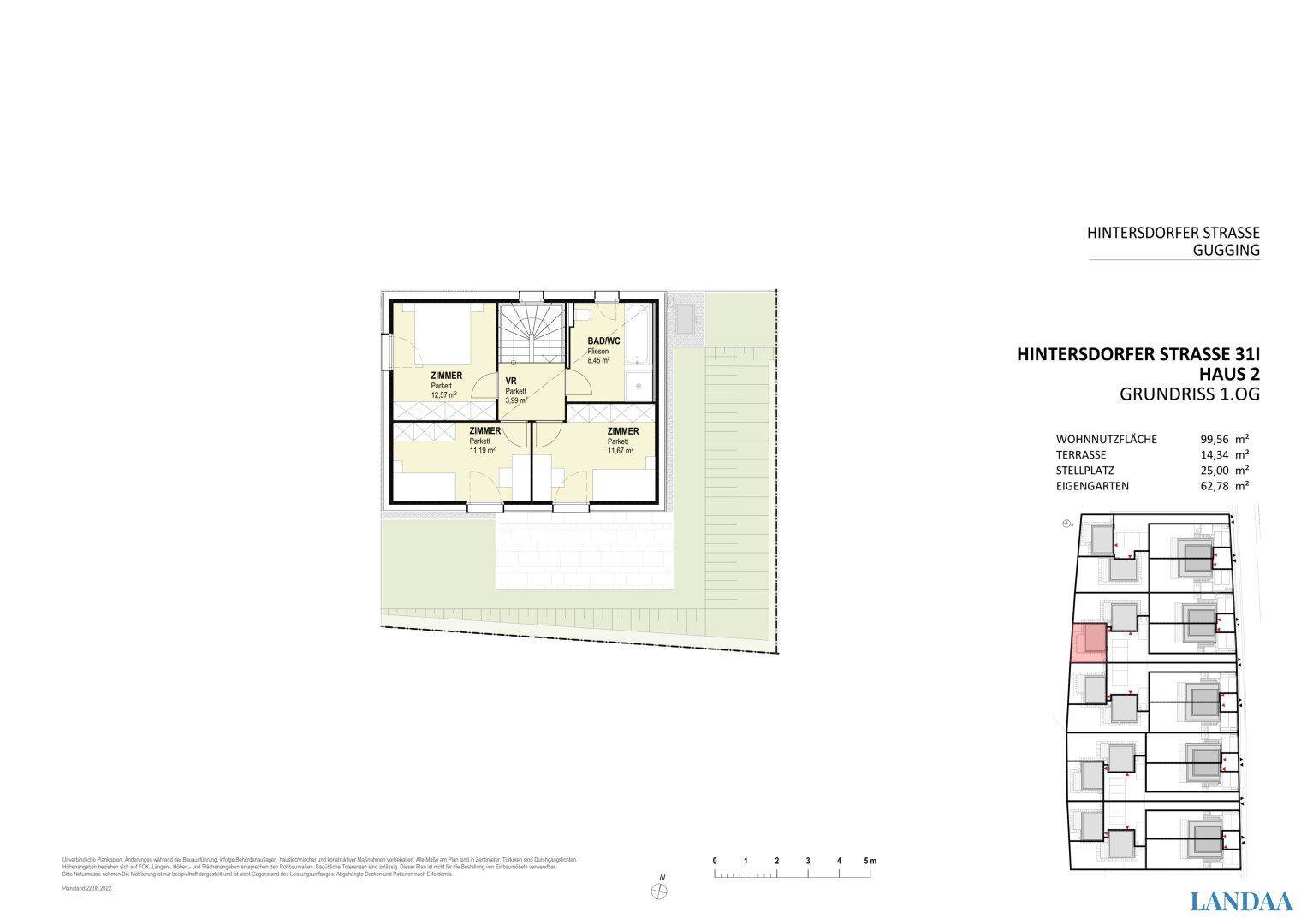 Grundriss des ersten Obergeschosses von Haus 2 mit Schlafzimmern und Badezimmer.