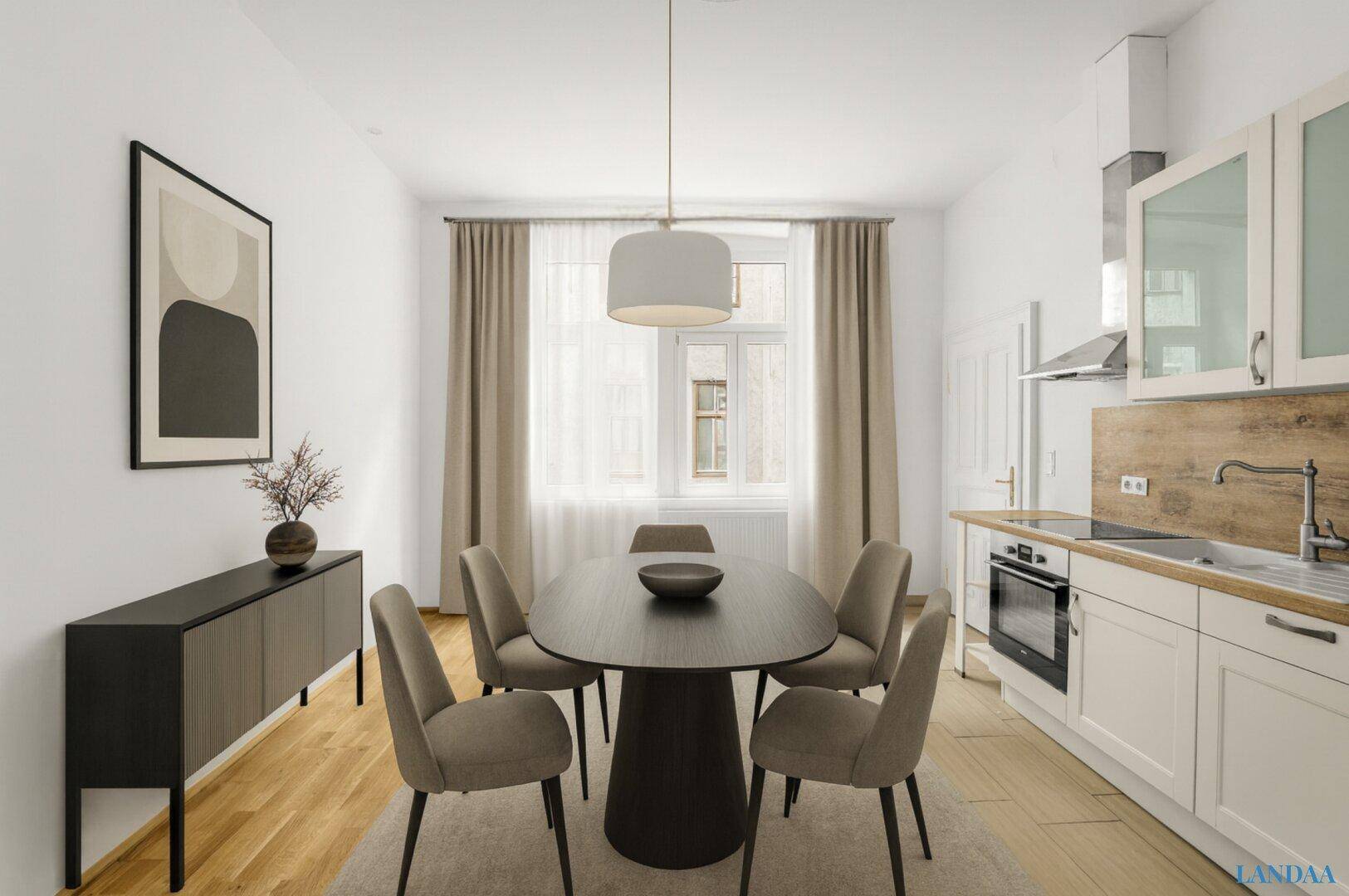 Moderner Essbereich mit Holzboden und integrierter Küche mit Holz-Arbeitsplatte und Einbaugeräten.