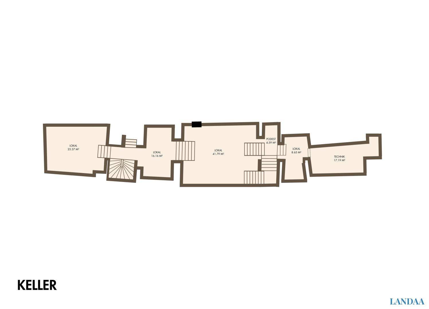 Grundriss des Kellergeschosses mit verschiedenen Räumen und Treppen.