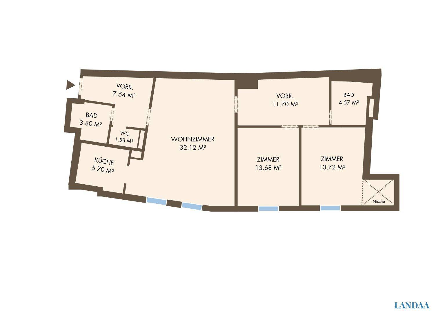 Grundriss der Wohnung mit Wohnzimmer, Küche, Bad und zwei weiteren Zimmern, inklusive Flächenangaben.