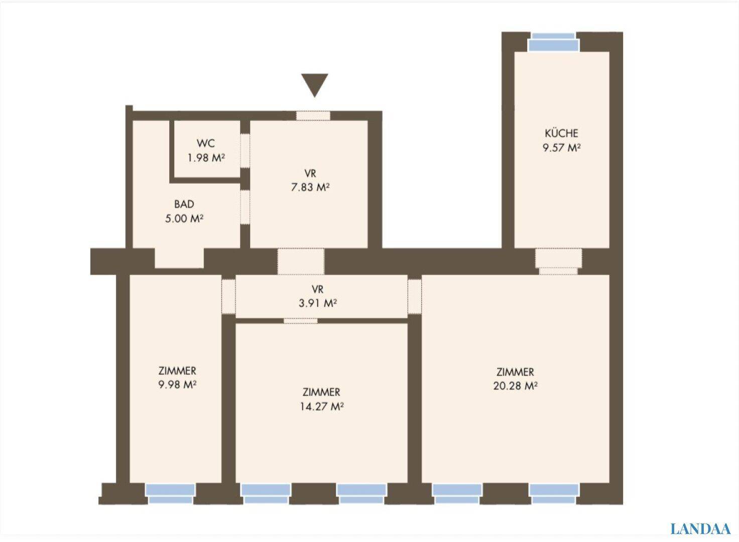 Übersichtlicher Grundriss einer Wohnung mit drei Zimmern, Küche, Bad und separatem WC.