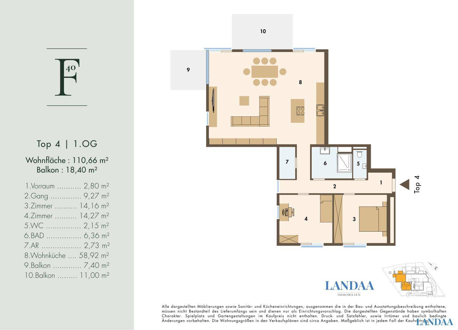 Grundriss der Wohnung Top 4 mit 110,66 m² Wohnfläche und zwei Balkonen.