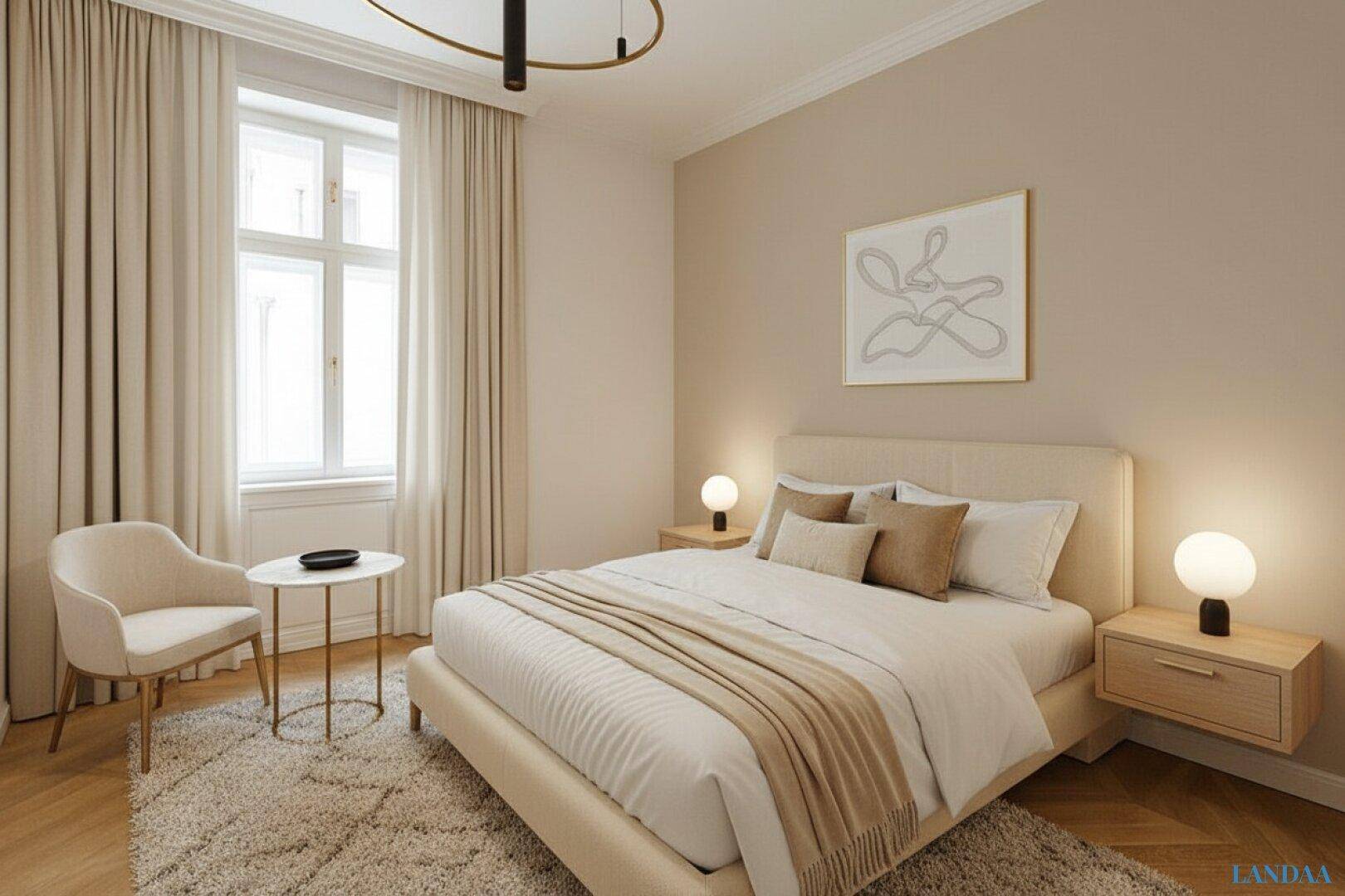 Helles Schlafzimmer mit modernem Design, Parkettboden und großen Fenstern, das viel Tageslicht hereinlässt.
