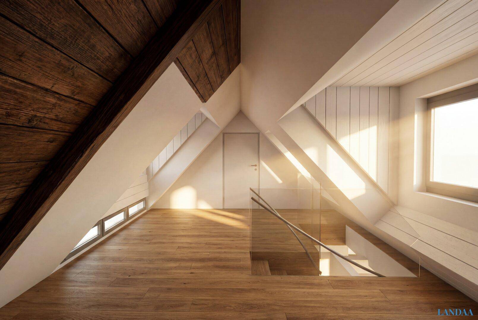 Helles Dachgeschoss mit Holzbalken, Schrägen und modernem Holzboden, ideal für ein Schlafzimmer.