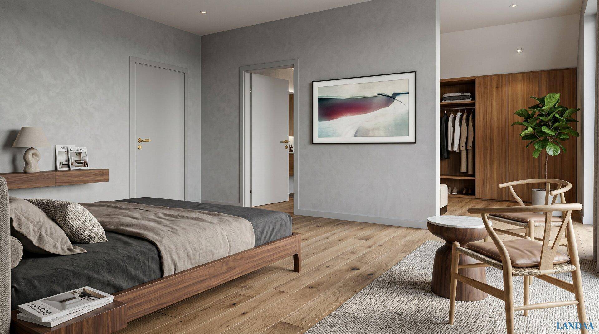 Modernes Schlafzimmer mit Holzboden, Einbauschränken und minimalistischer Einrichtung.
