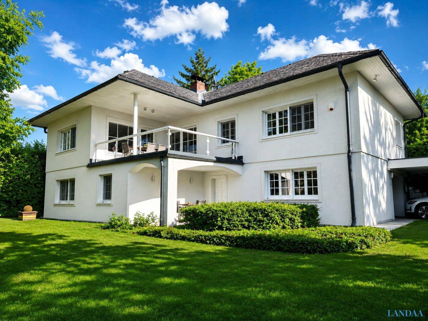 Weißes Einfamilienhaus mit Balkon, gepflegtem Rasen und Carport unter blauem Himmel.