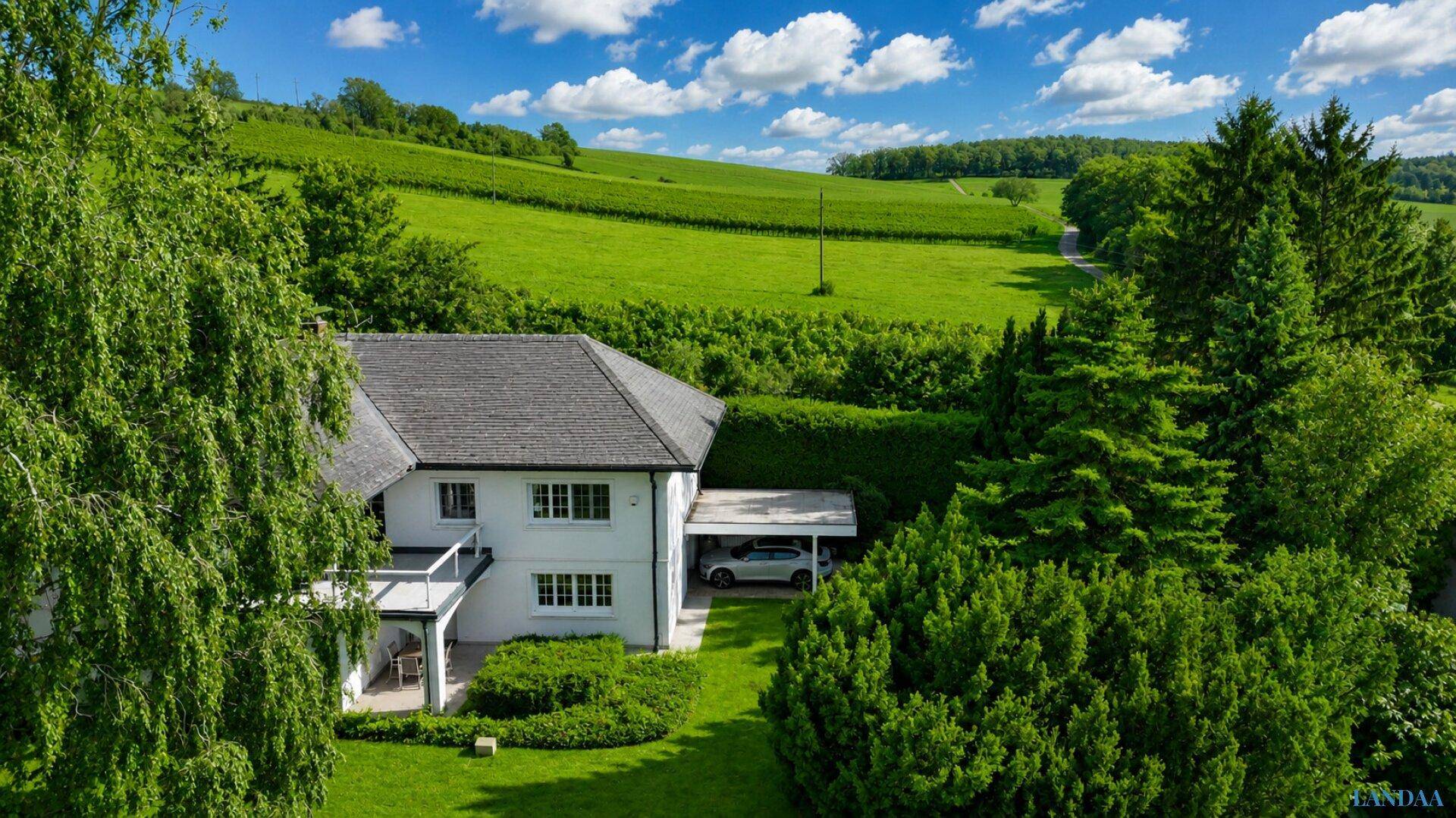 Luftaufnahme des Hauses mit Carport, umgeben von weitläufigen grünen Feldern und Weinbergen.