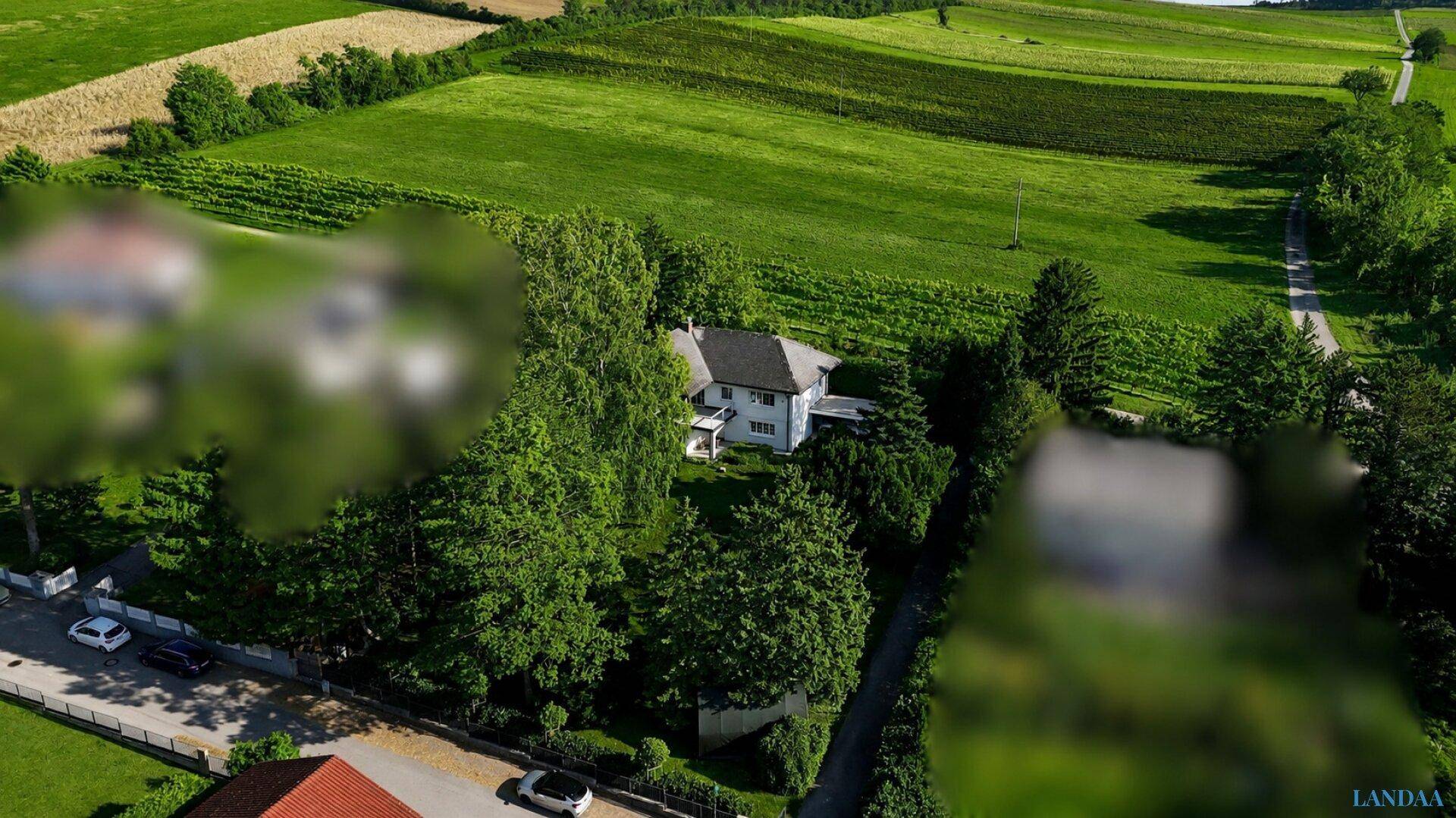 Luftaufnahme des Anwesens mit viel Grün, Bäumen und umliegender Landschaft.