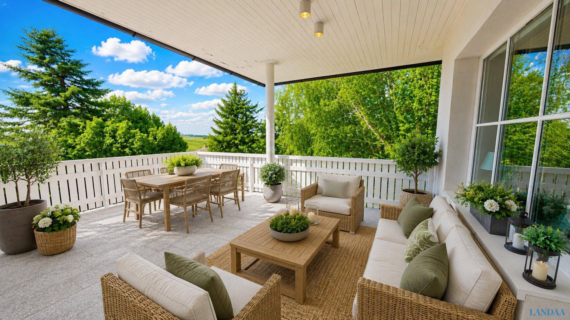 Großzügige, überdachte Terrasse mit Rattanmöbeln, Esstisch und weitem Blick ins Grüne.