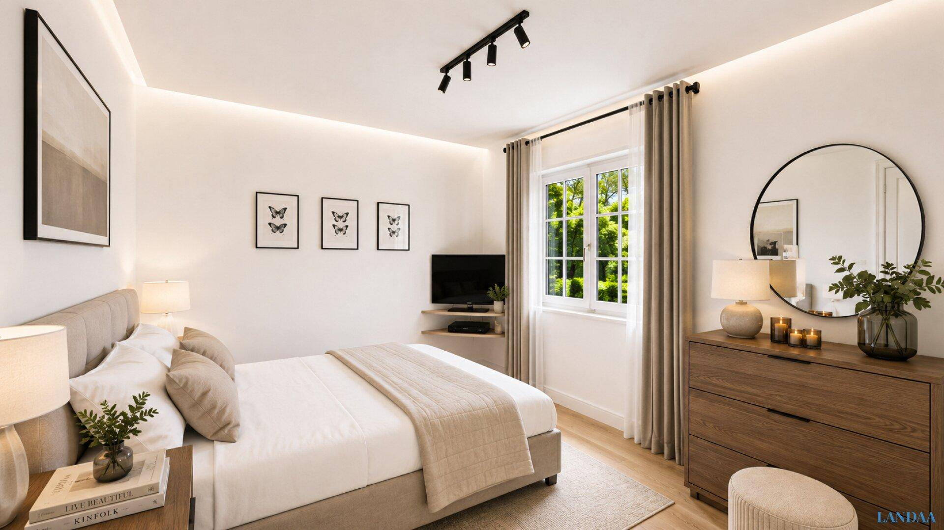 Modernes Schlafzimmer mit Doppelbett, Kommode und Fenster mit Blick ins Grüne.