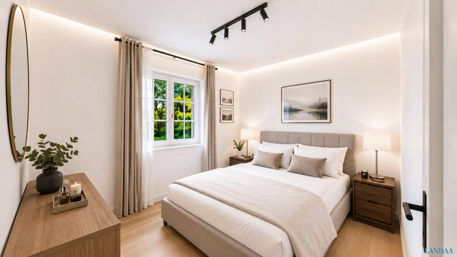 Gemütliches Schlafzimmer mit Doppelbett, Holzboden und Fenster mit Blick ins Grüne.
