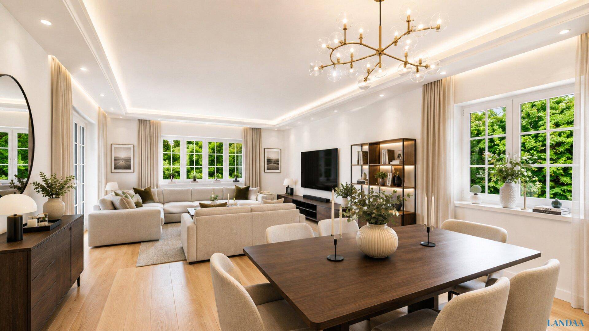 Eleganter Wohn- und Essbereich mit Holzboden, großem Sofa und Blick ins Grüne.