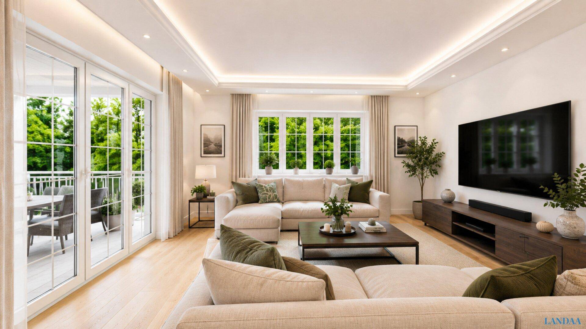 Helles Wohnzimmer mit großem Ecksofa, Holzboden und direktem Zugang zum Balkon.