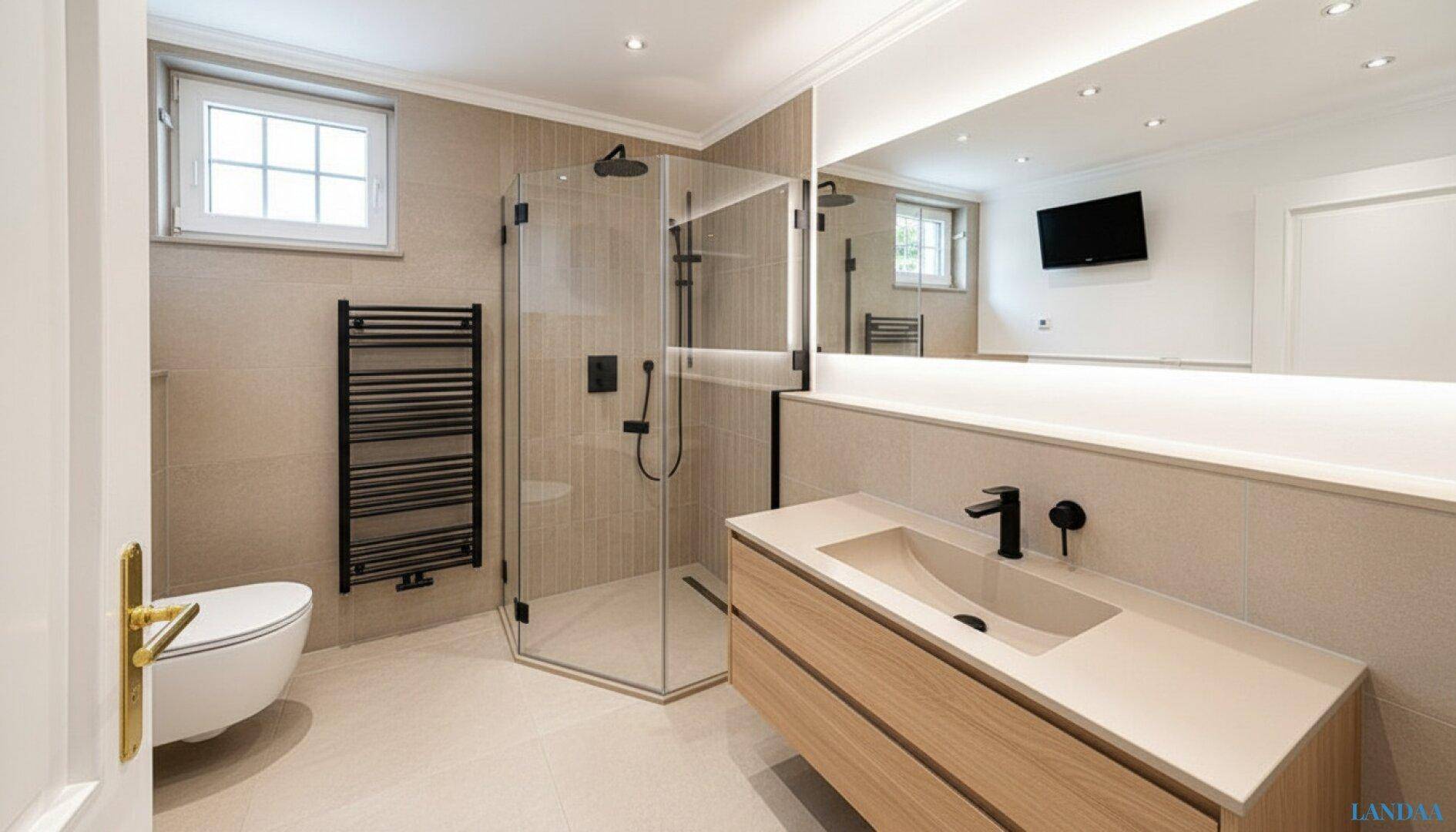 Modernes Badezimmer mit begehbarer Dusche, Wand-WC und großem Spiegel.