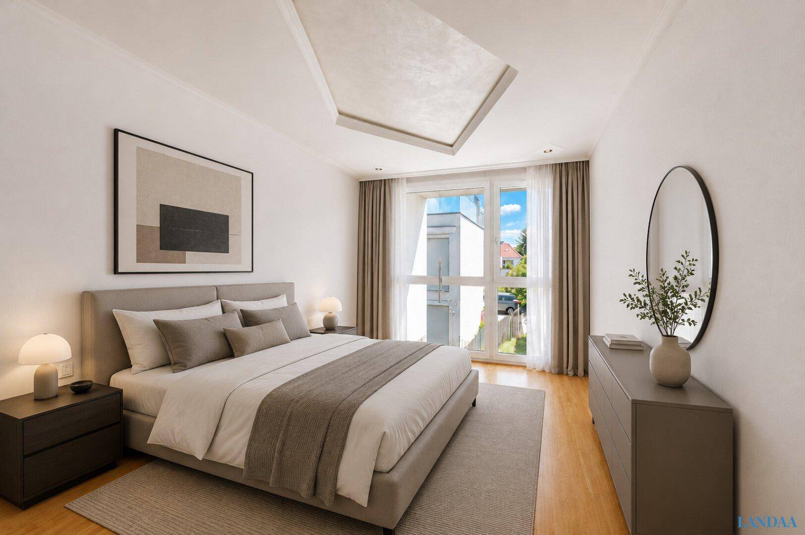 Virtuell inszeniertes Schlafzimmer mit Doppelbett, Nachttischen und großem Fenster.